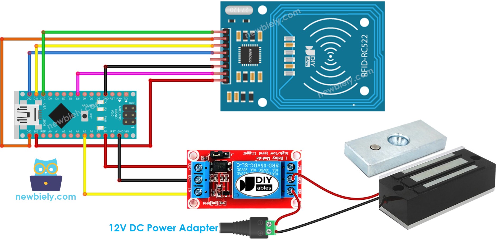 Arduino Nano RFID RC522 door electromagnetic lock system wiring diagram