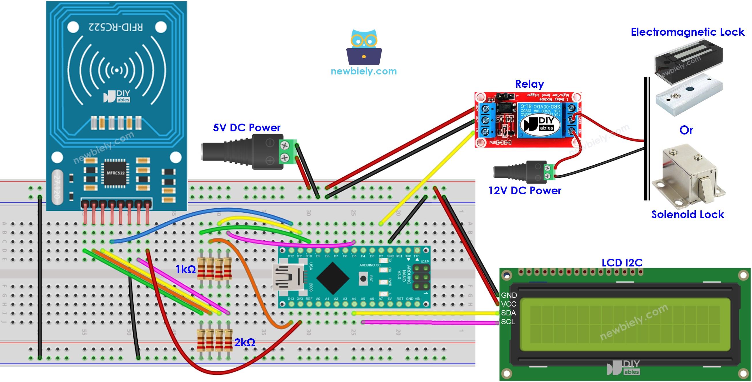 Arduino Nano RFID RC522 door lock LCD wiring diagram