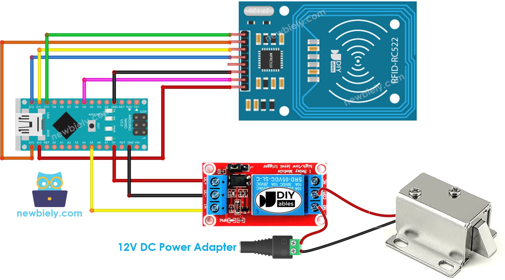 Arduino Nano RFID RC522 door solenoid lock system wiring diagram