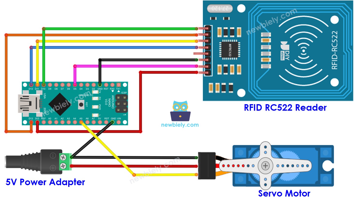 Arduino Nano RFID RC522 servo motor wiring diagram