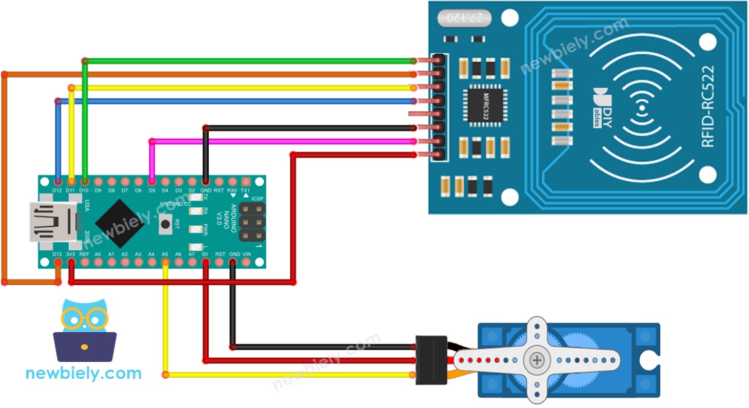 Arduino Nano RFID RC522 servo motor wiring diagram