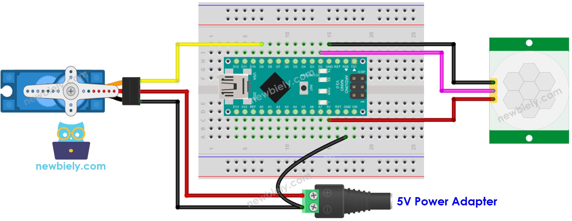 Arduino Nano Motion Sensor Servo Motor wiring diagram