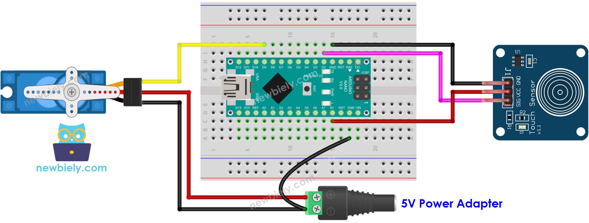 Arduino Nano Touch Sensor Servo Motor wiring diagram