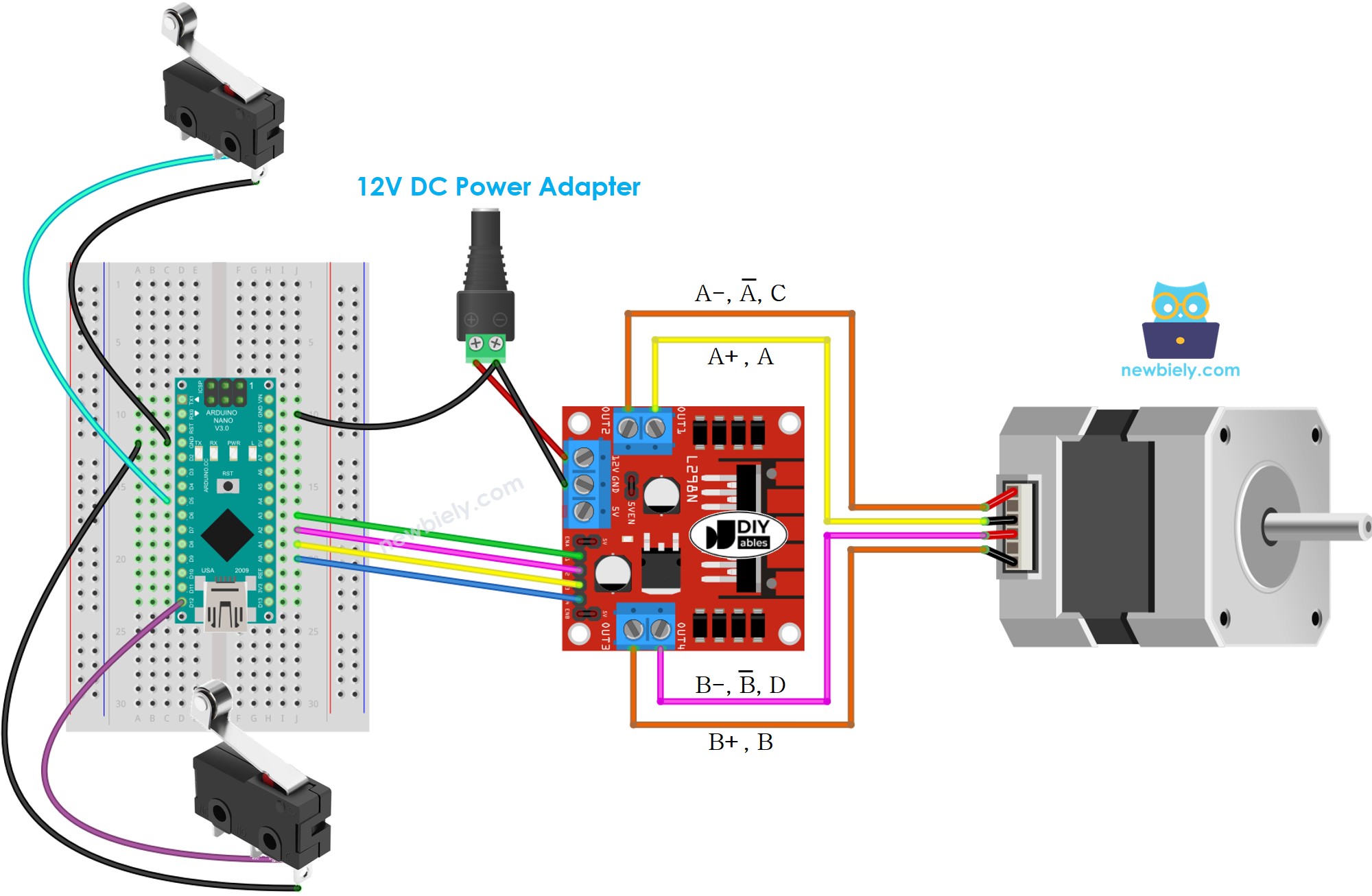 Arduino Nano stepper motor and two limit switches wiring diagram