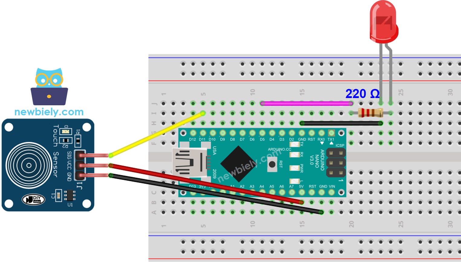 Arduino Nano touch sensor LED wiring diagram