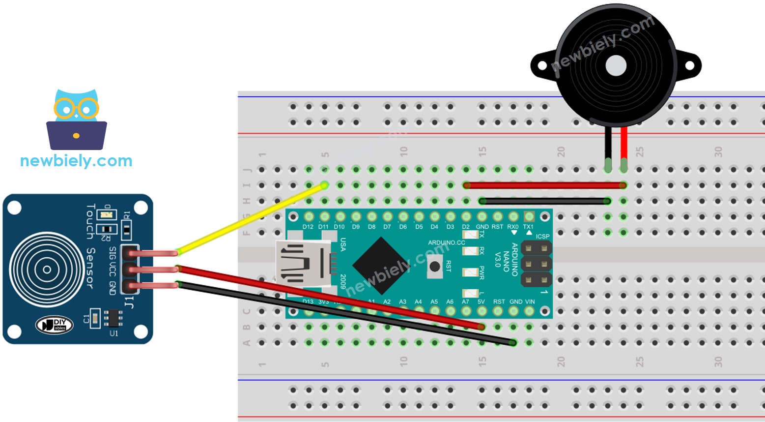 Arduino Nano Touch Sensor Piezo Buzzer wiring diagram