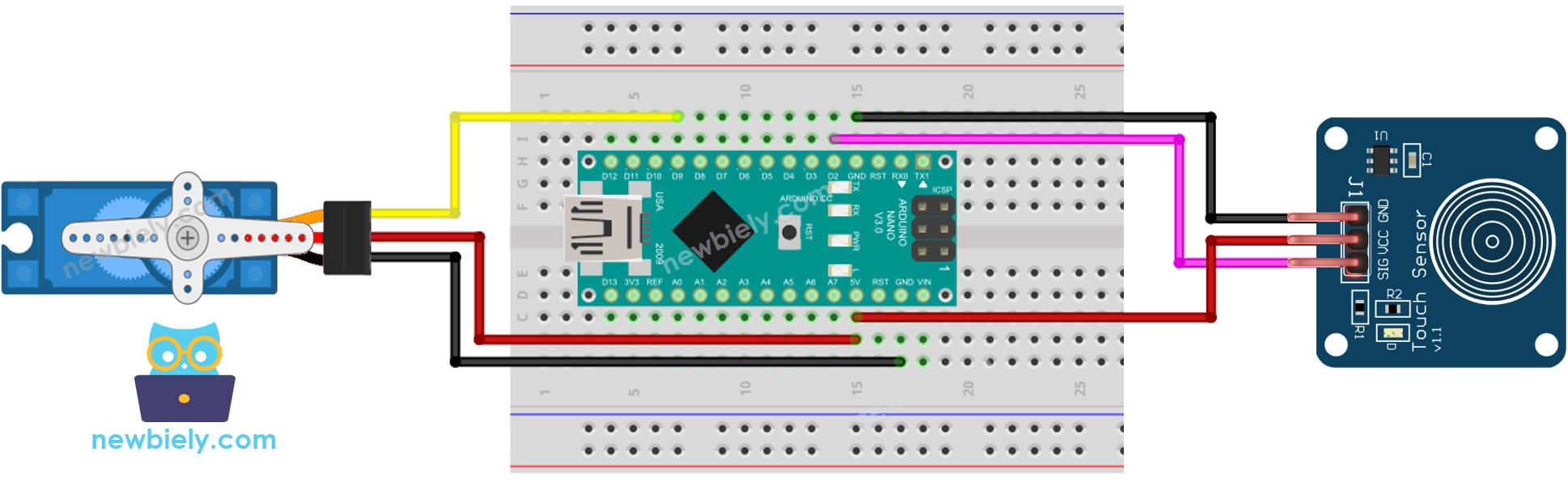 Arduino Nano Touch Sensor Servo Motor wiring diagram