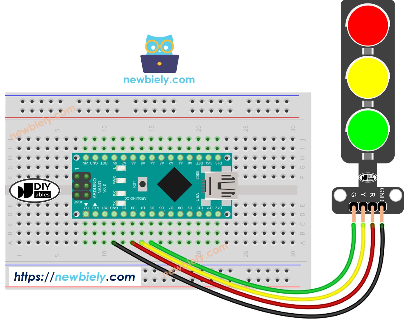 Arduino Nano traffic light Wiring Diagram