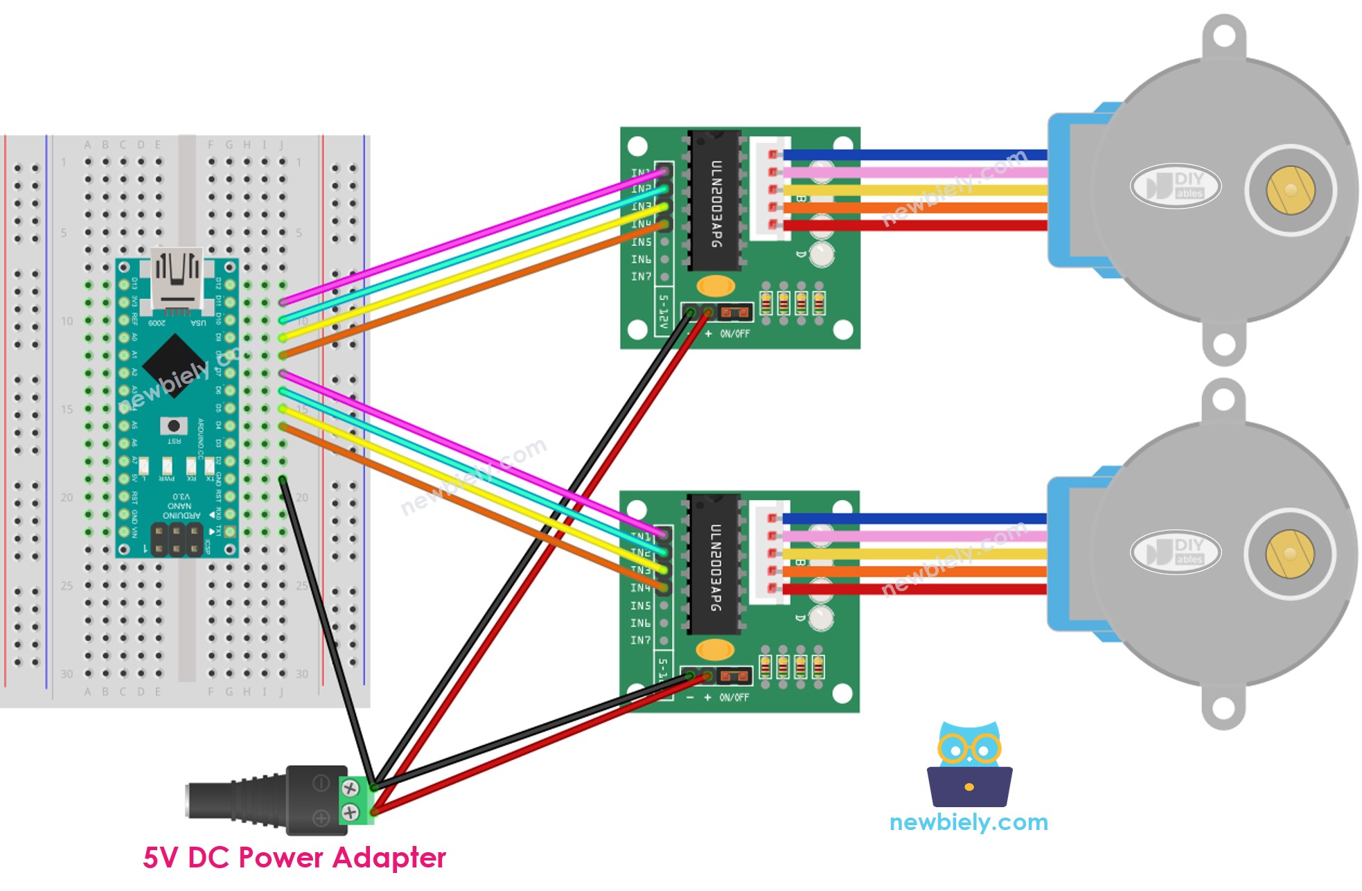 Arduino Nano two stepper motor ULN2003 driver wiring diagram