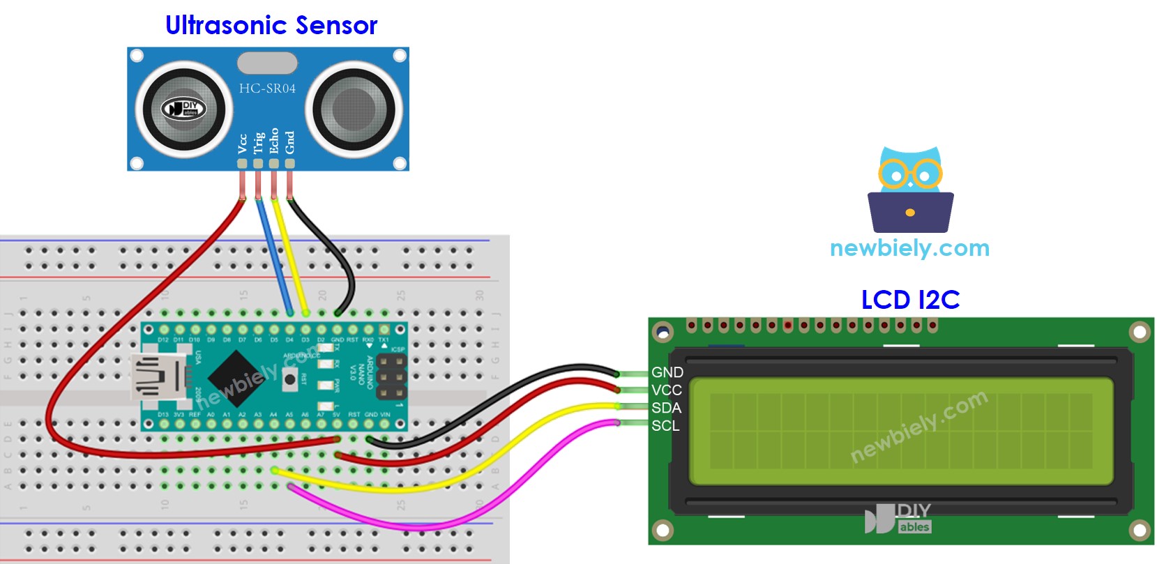 Arduino Nano Ultrasonic Sensor LCD wiring diagram