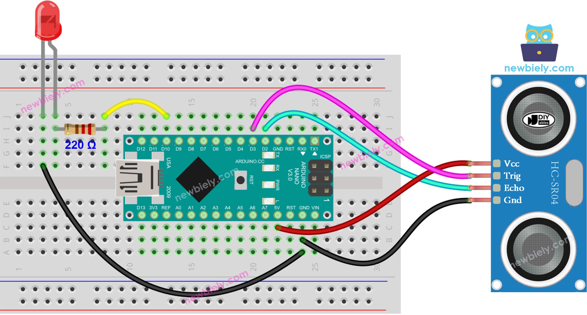 Arduino Nano Ultrasonic Sensor LED wiring diagram