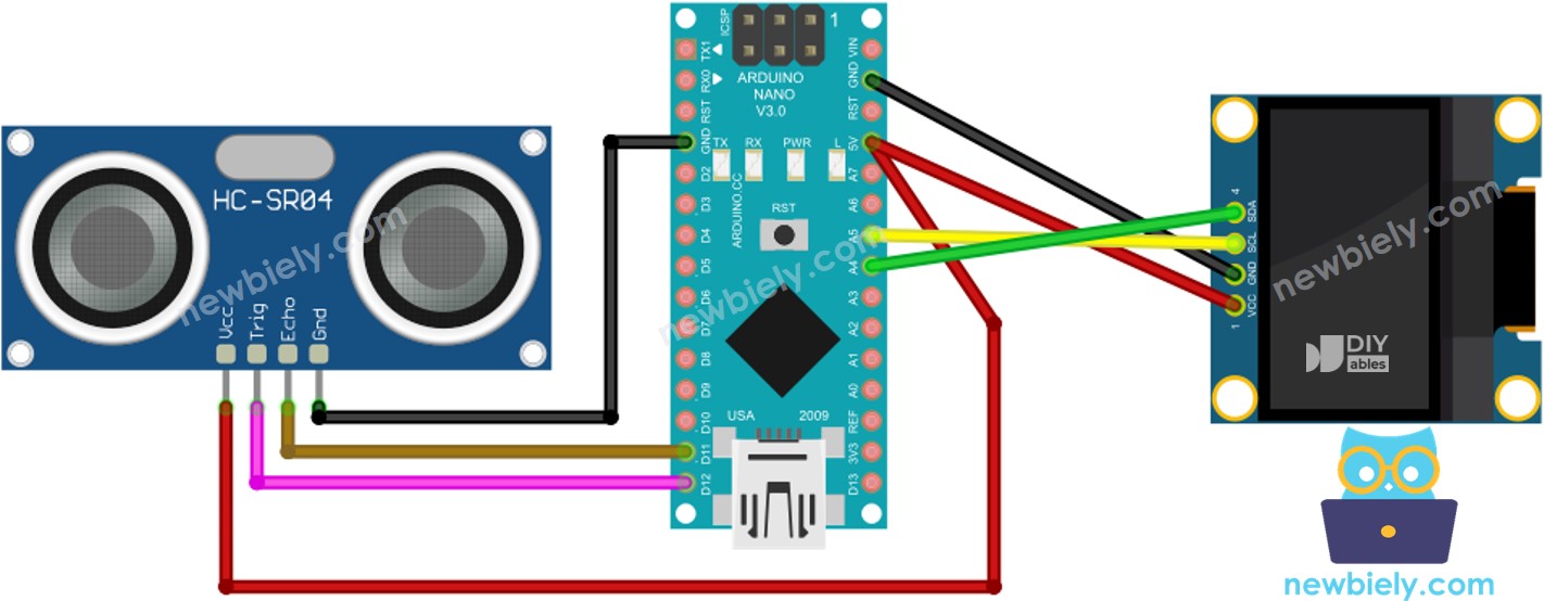 Arduino Nano Ultrasonic Sensor OLED wiring diagram