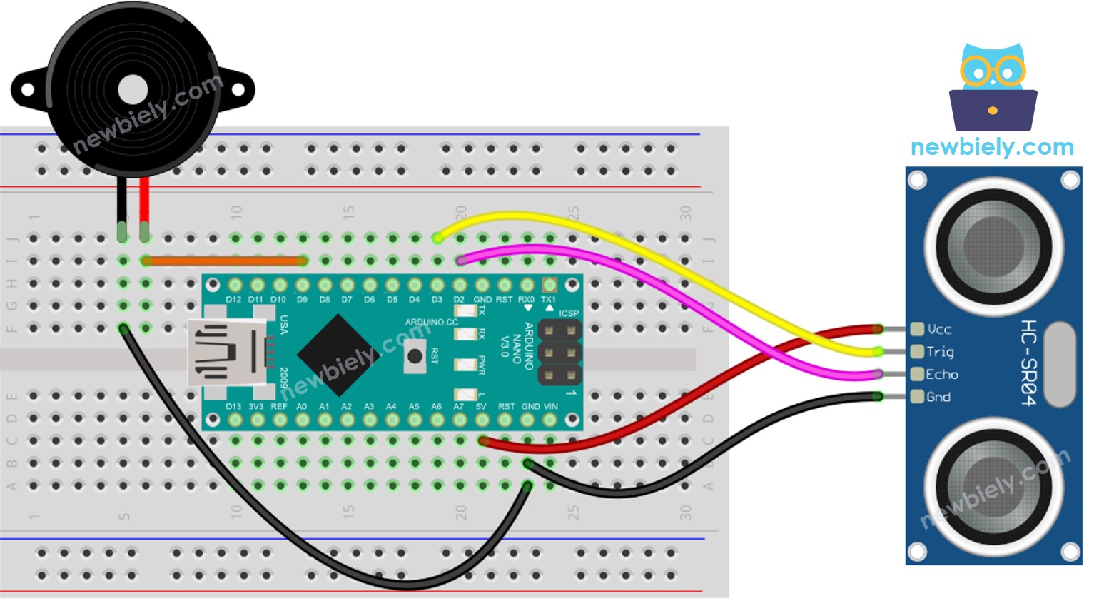 Arduino Nano Ultrasonic Sensor Piezo Buzzer wiring diagram