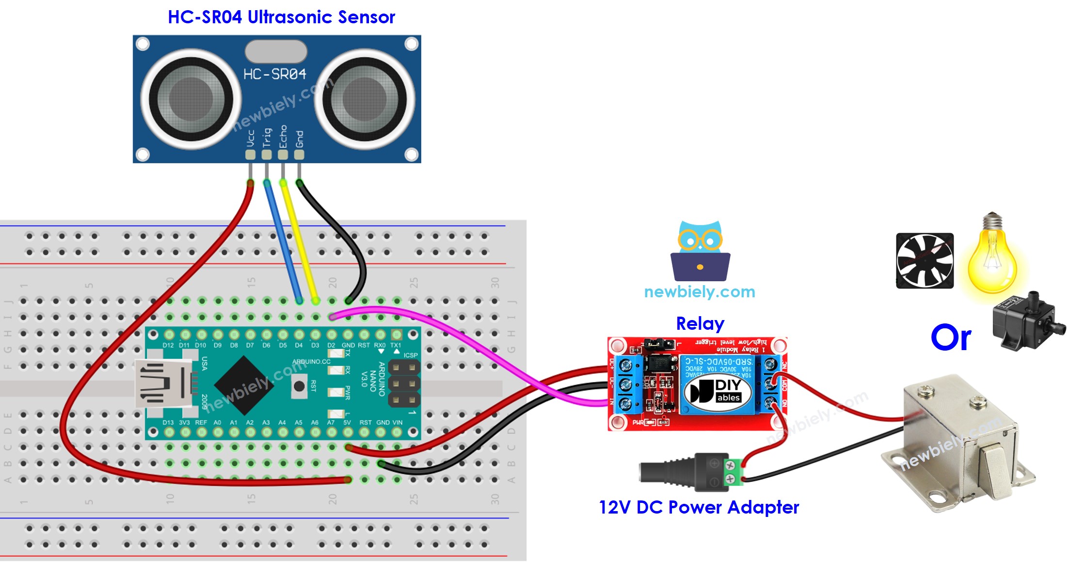 Arduino Nano Ultrasonic Sensor Relay wiring diagram