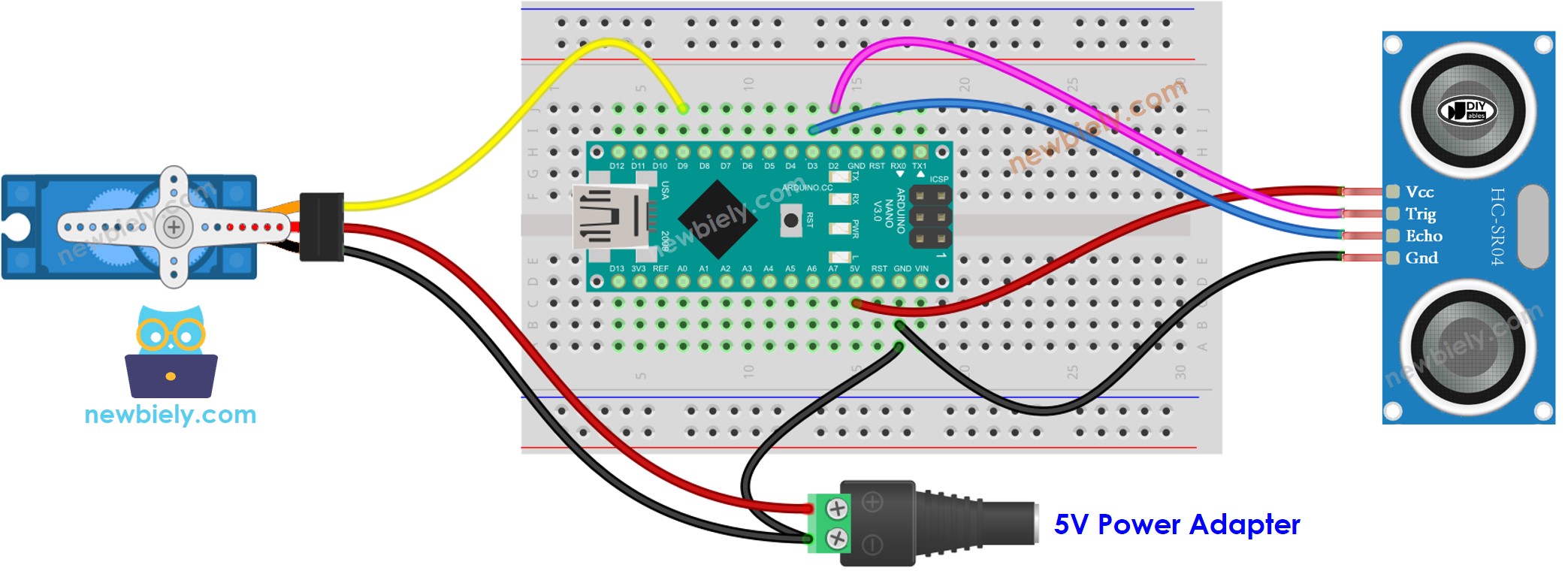 Arduino Nano Ultrasonic Sensor Servo Motor wiring diagram