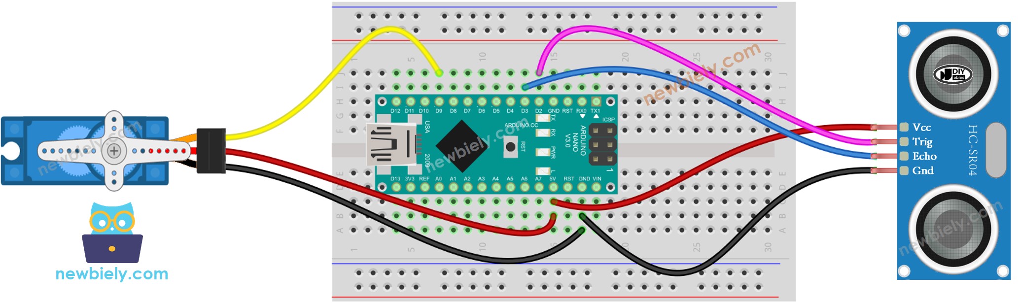 Arduino Nano Ultrasonic Sensor Servo Motor wiring diagram