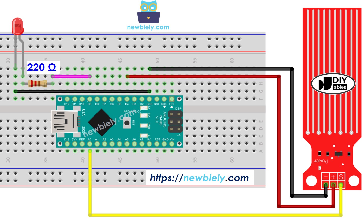 Arduino Nano Water Sensor LED wiring diagram