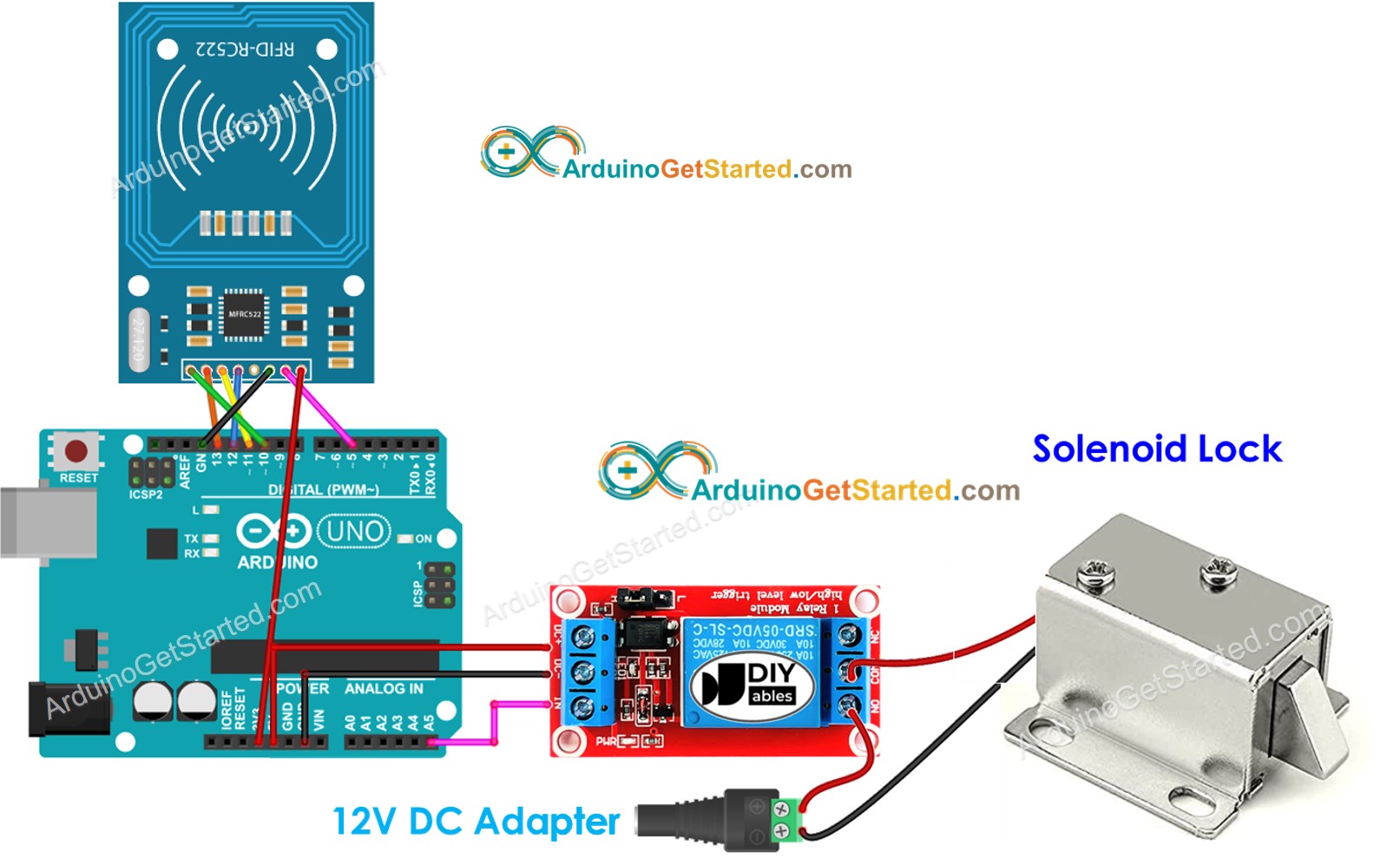 Arduino RFID RC522 Door Lock System wiring diagram