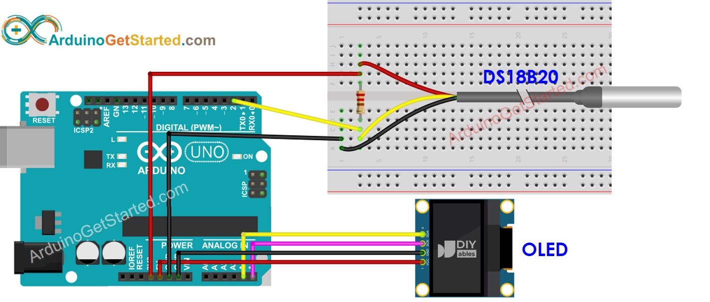 Arduino DS18B20 Temperature Sensor OLED Wiring Diagram