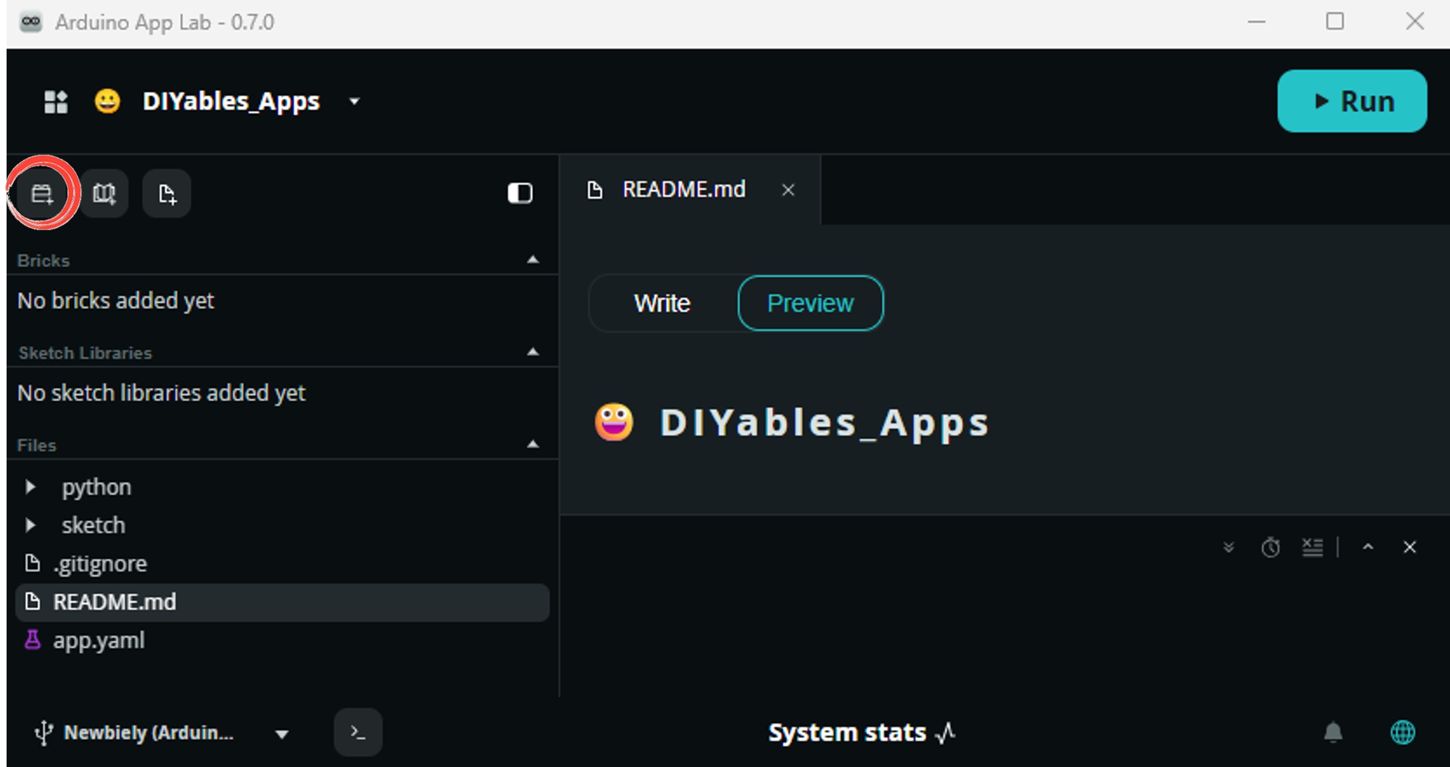 add brick 버튼 in 아두이노 app lab editor sidebar