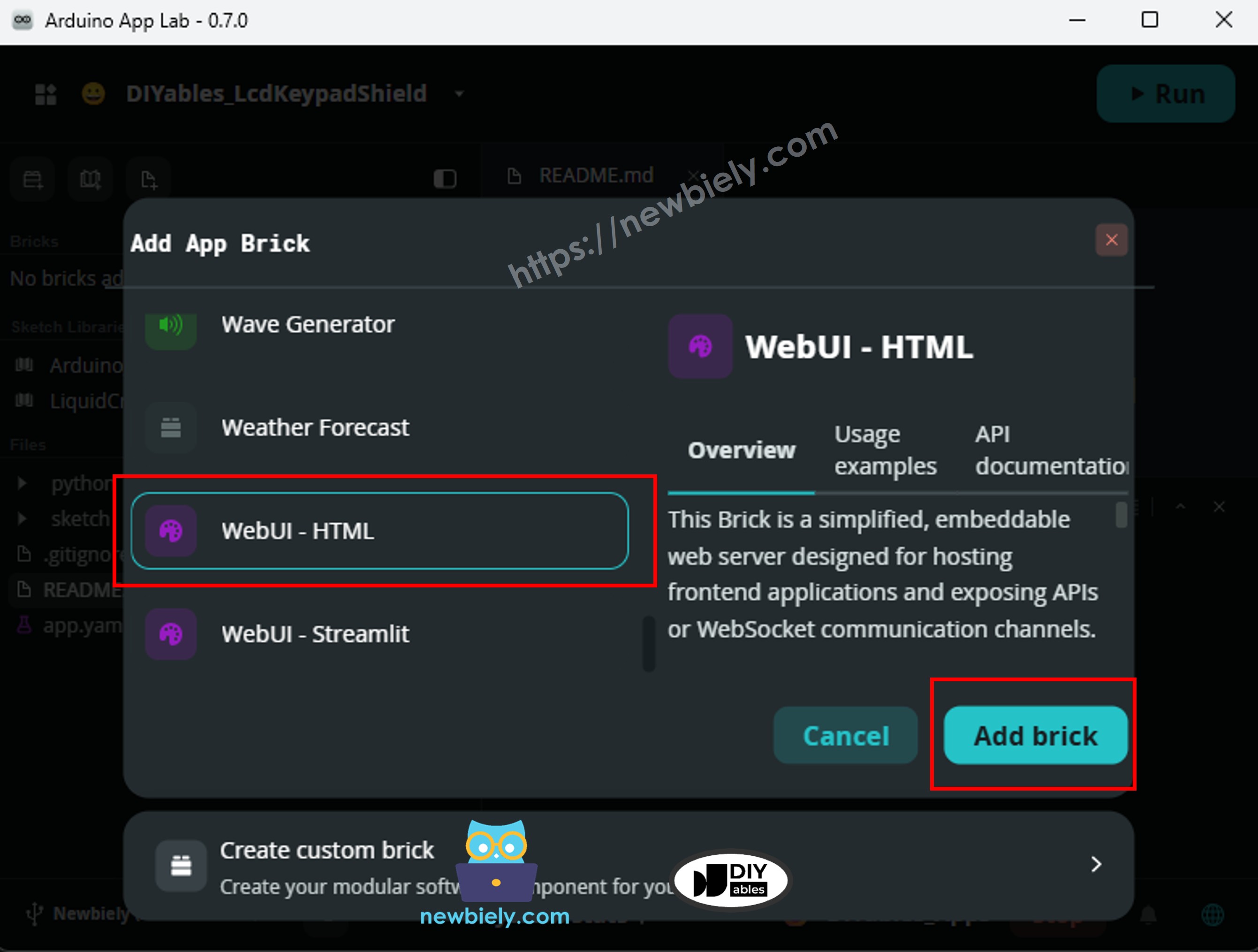 webui - html brick selected in 아두이노 app lab bricks catalog