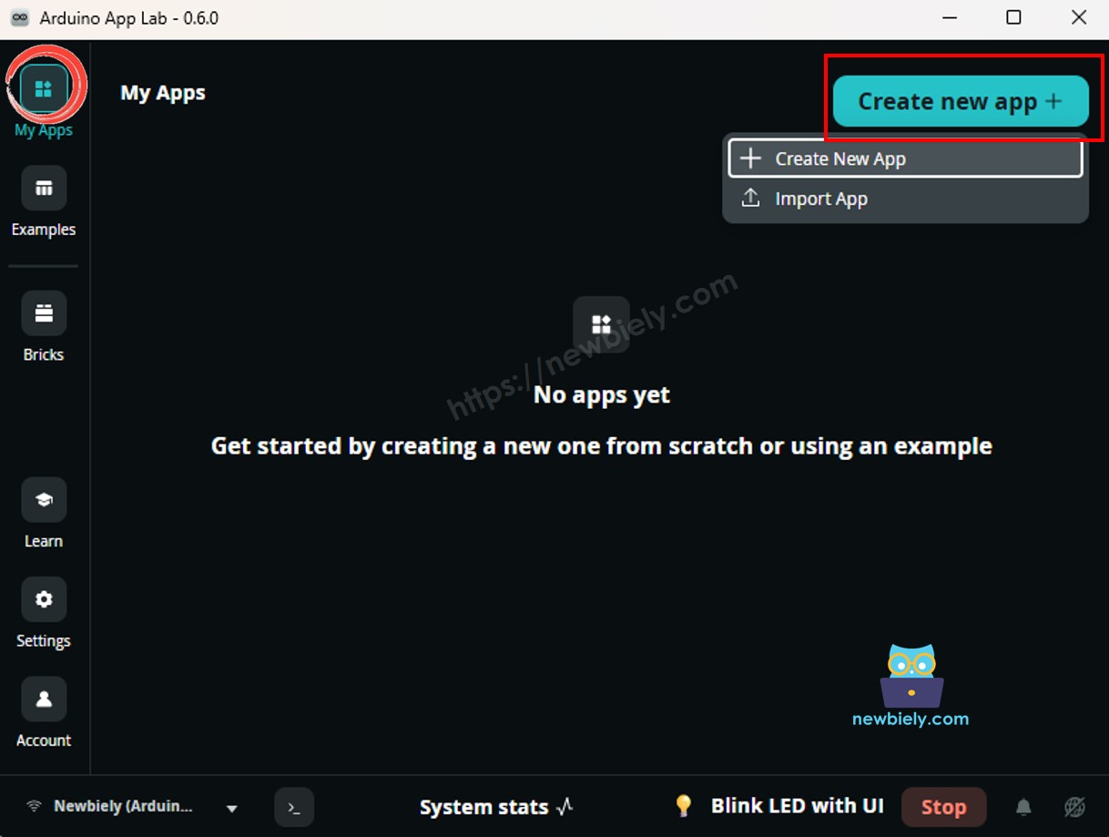 create new app in 아두이노 app lab on Arduino UNO Q