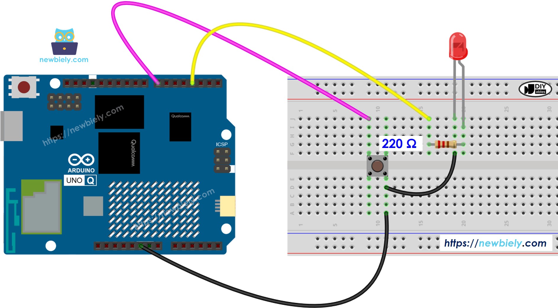 Arduino UNO Q 버튼 LED 배선도