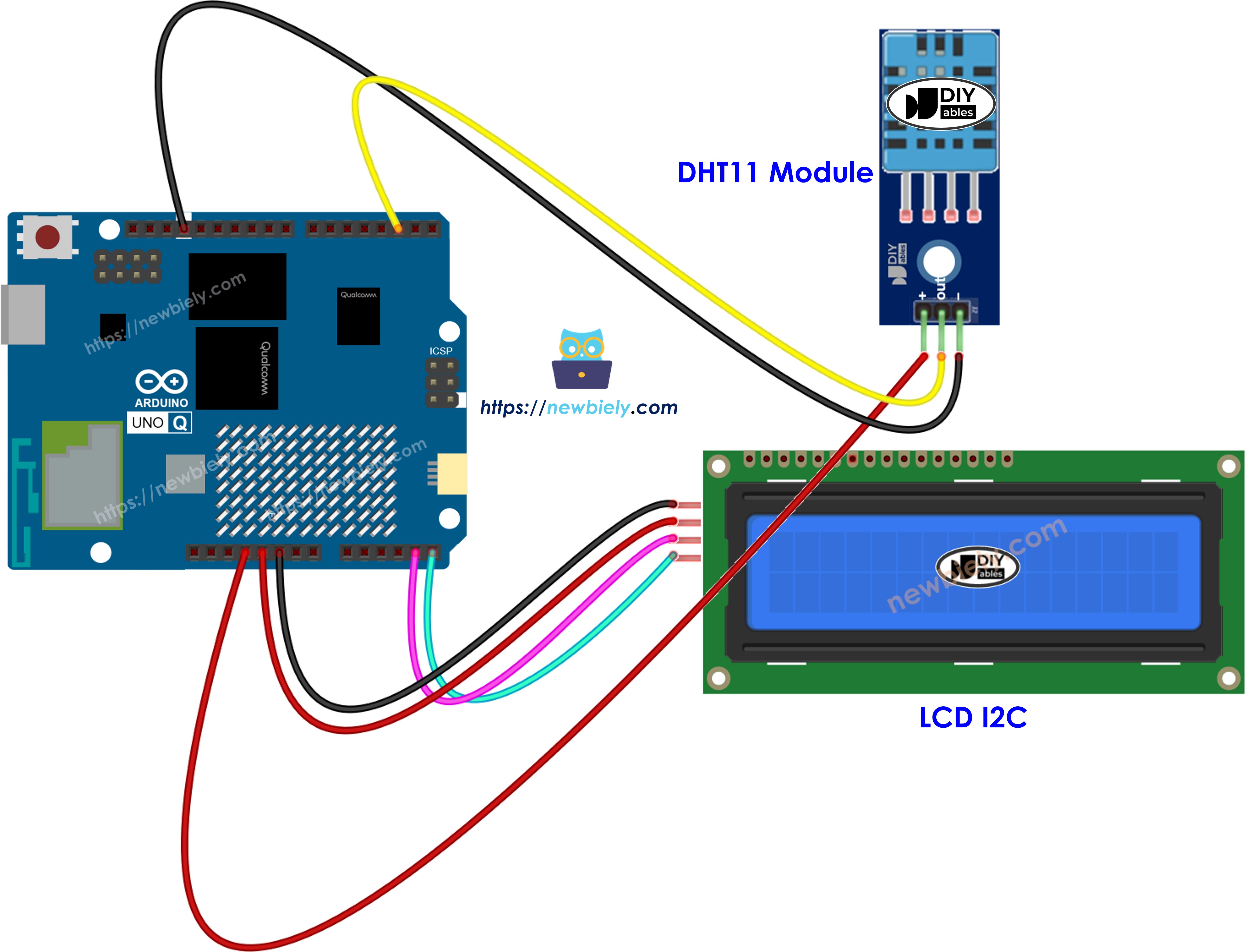 Arduino UNO Q dht11 lcd 배선 다이어그램