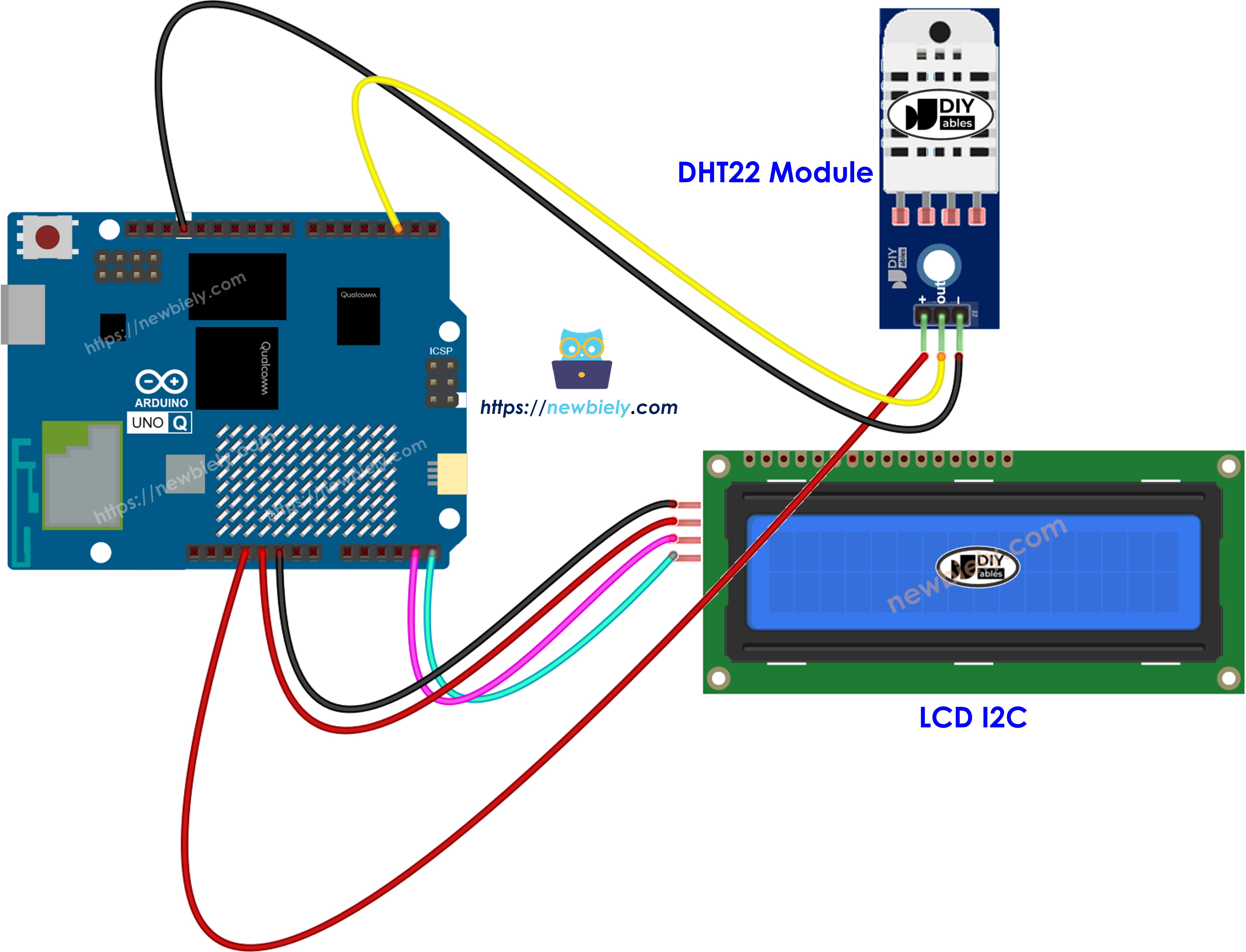 Arduino UNO Q dht22 lcd 배선 다이어그램