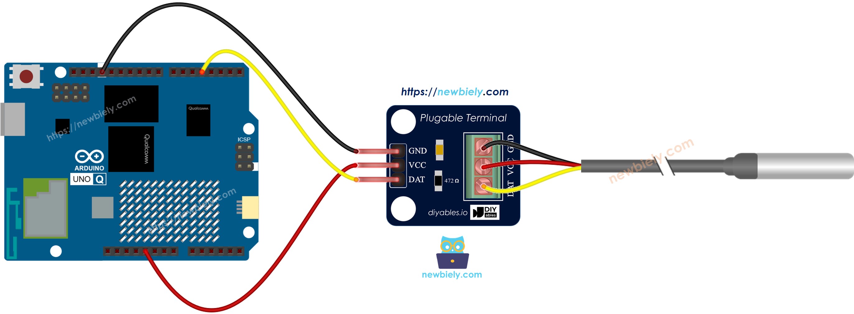 Arduino UNO Q ds18b20 어댑터 배선도