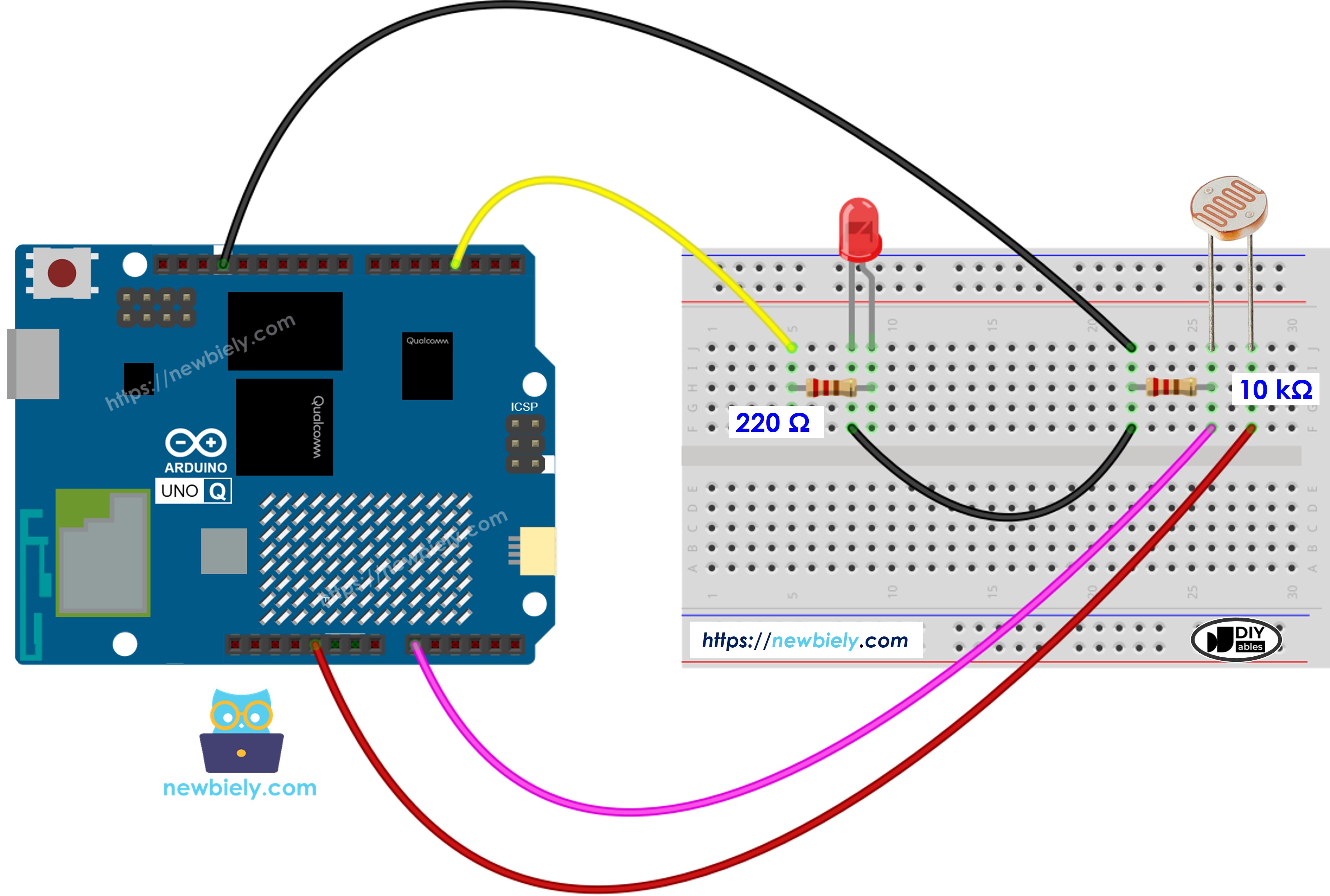 Arduino UNO Q 광 센서 LED 연결 배선도