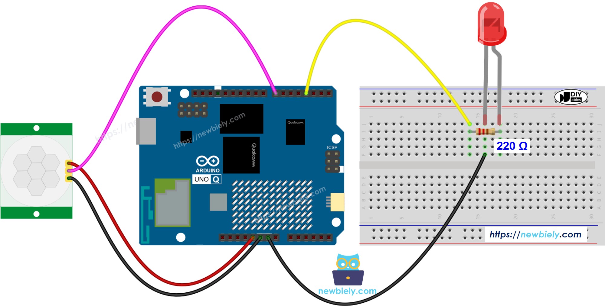 Arduino UNO Q 모션 센서 LED 연결 배선도