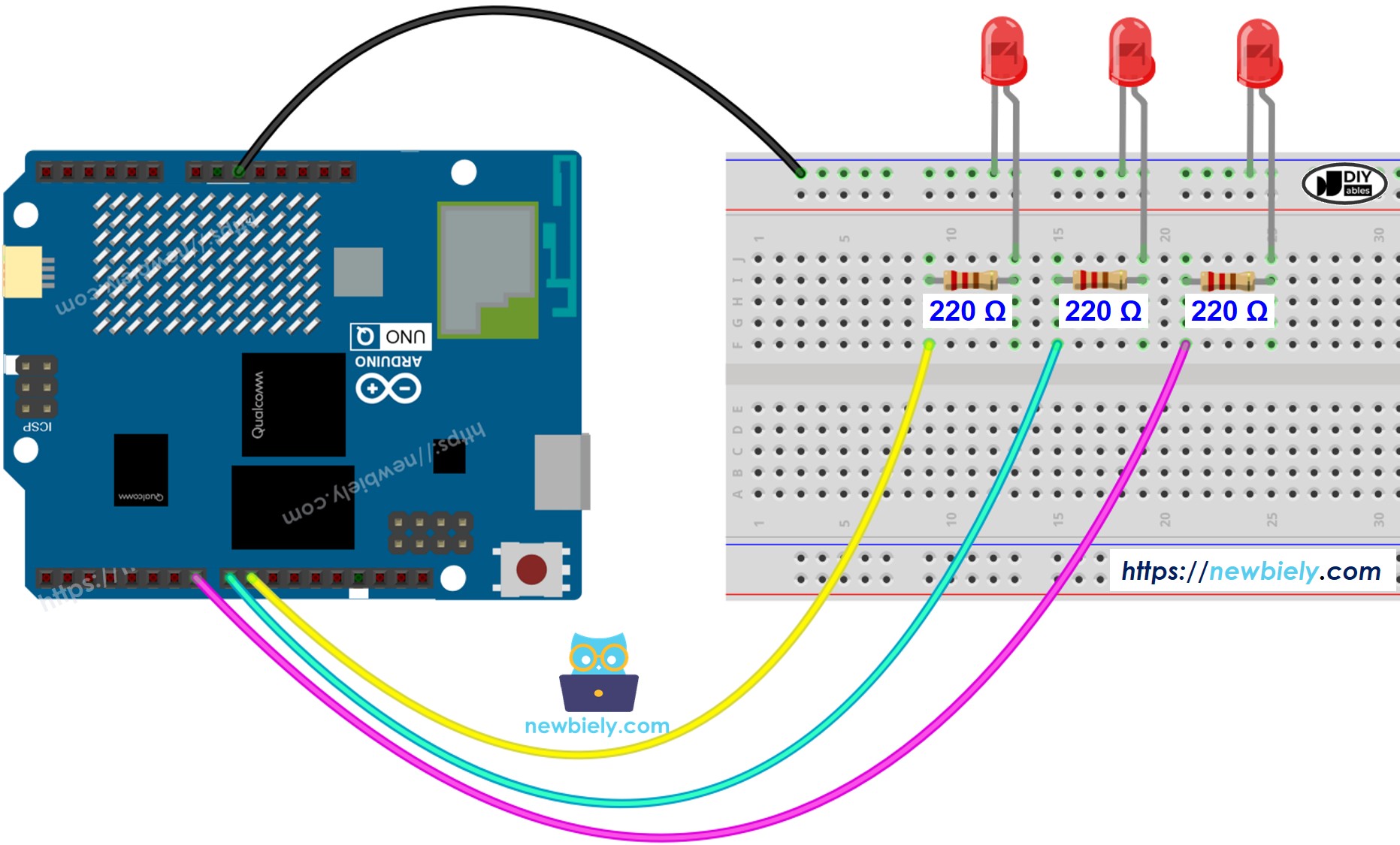 Arduino UNO Q 다중 LED 배선도