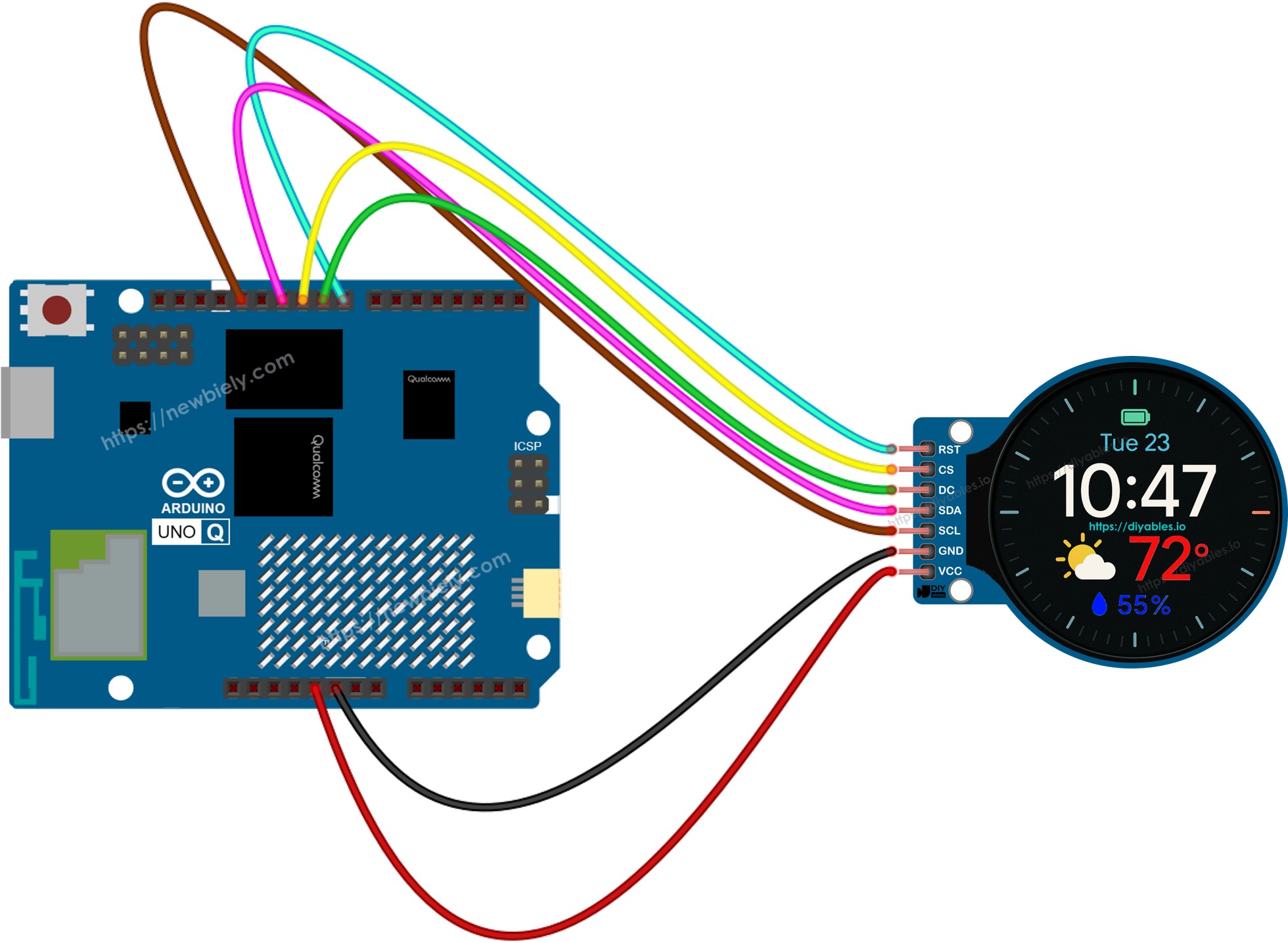 Arduino UNO Q round circular tft lcd 디스플레이 연결 배선도