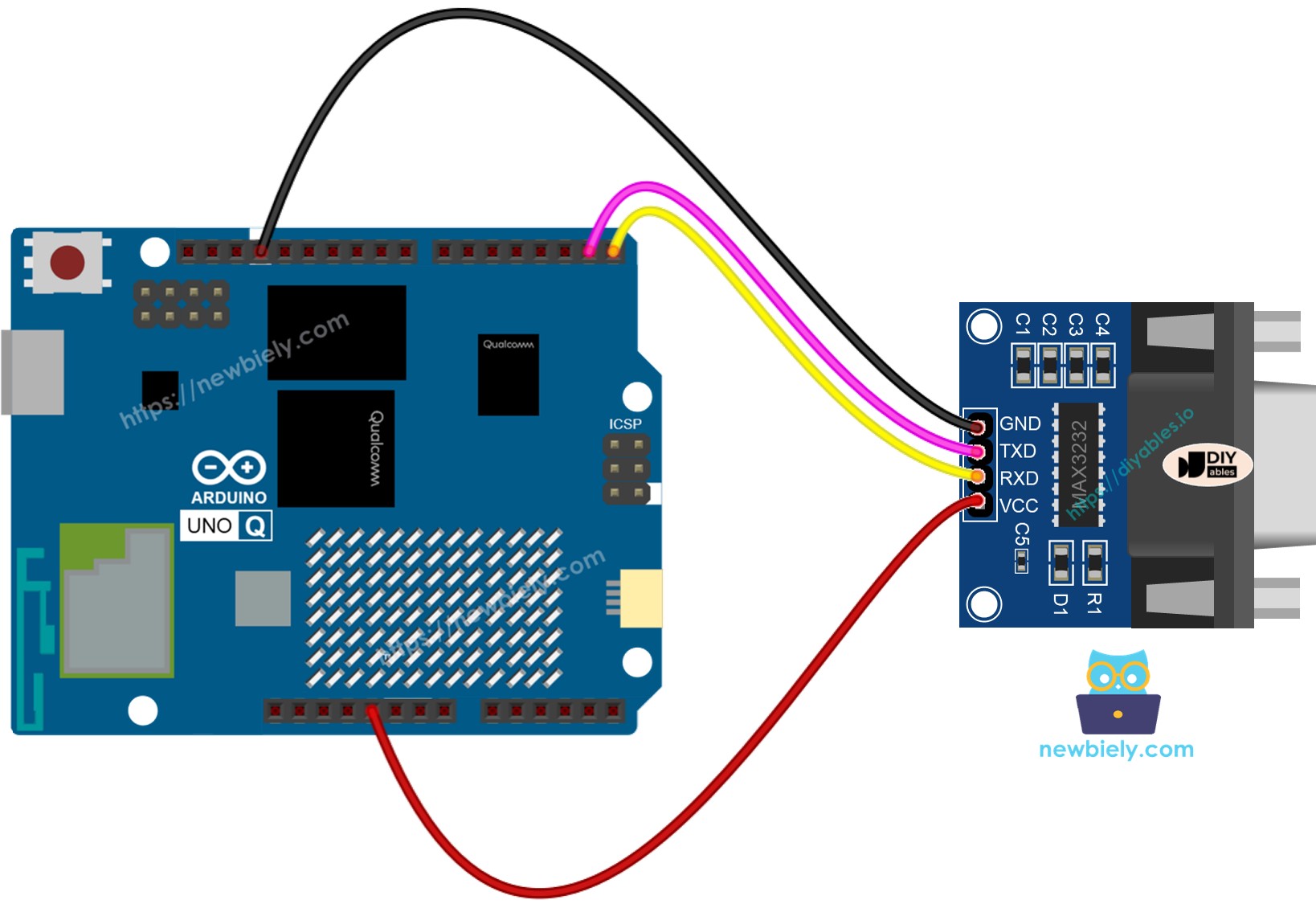 Arduino UNO Q ttl to rs232 module 연결 배선도