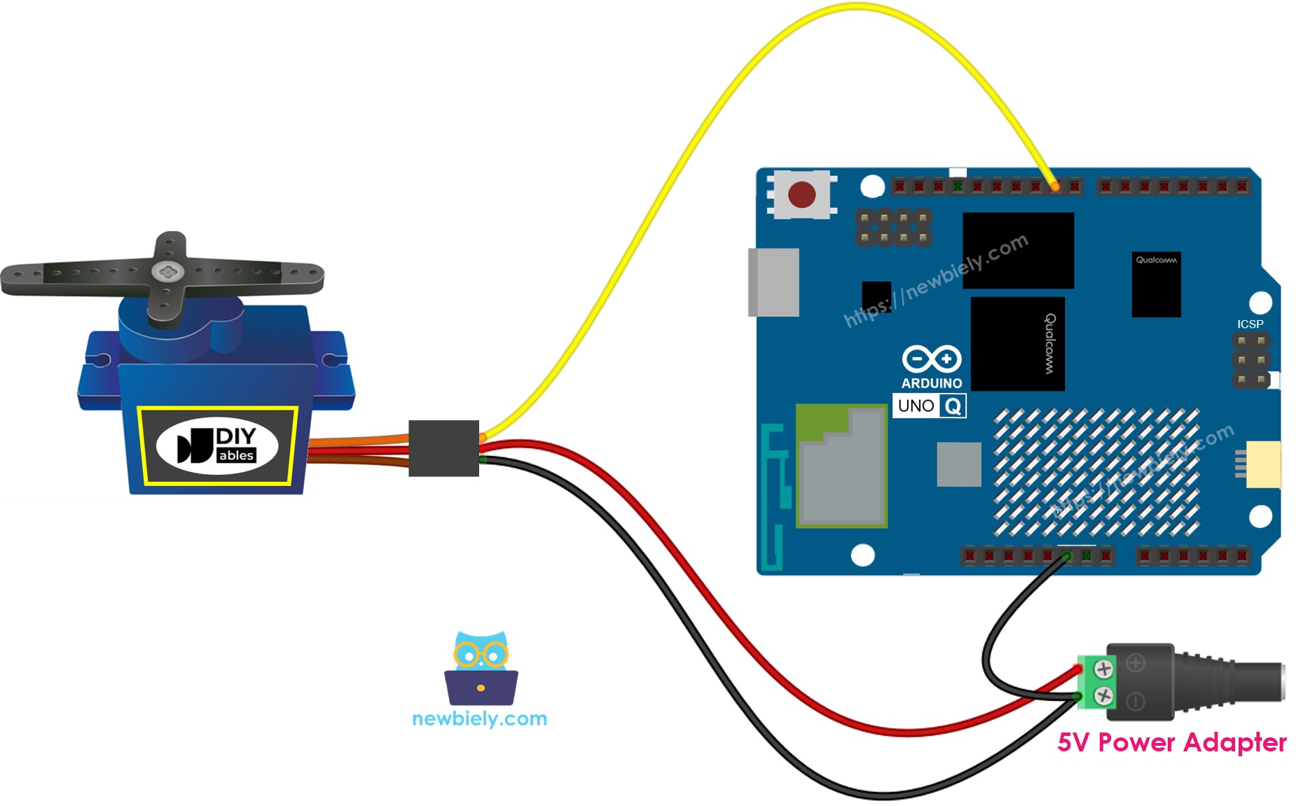Arduino UNO Q 서보 모터 external power supply 연결 배선도