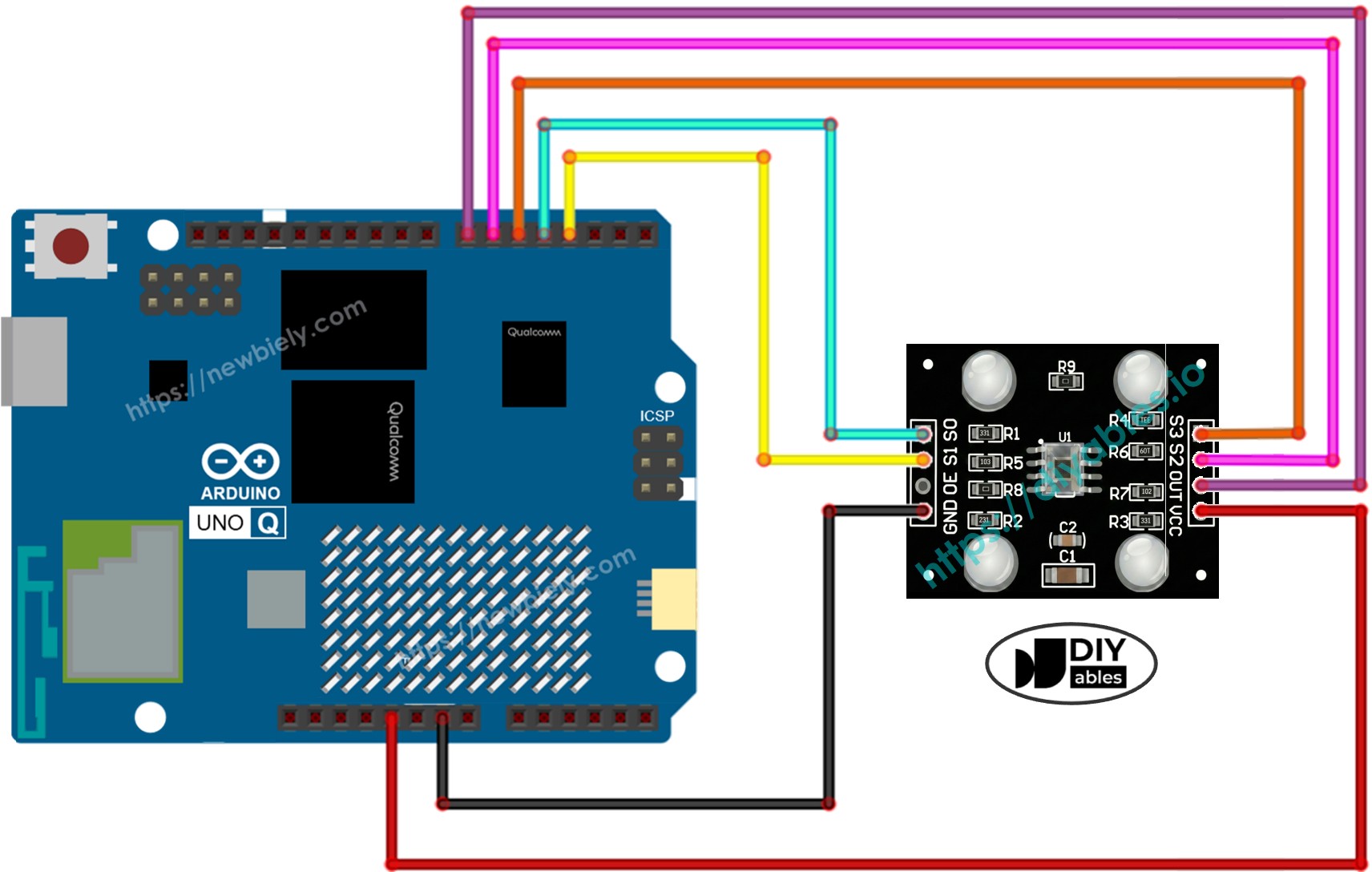 Arduino UNO Q tcs3200 색상 센서 배선 다이어그램