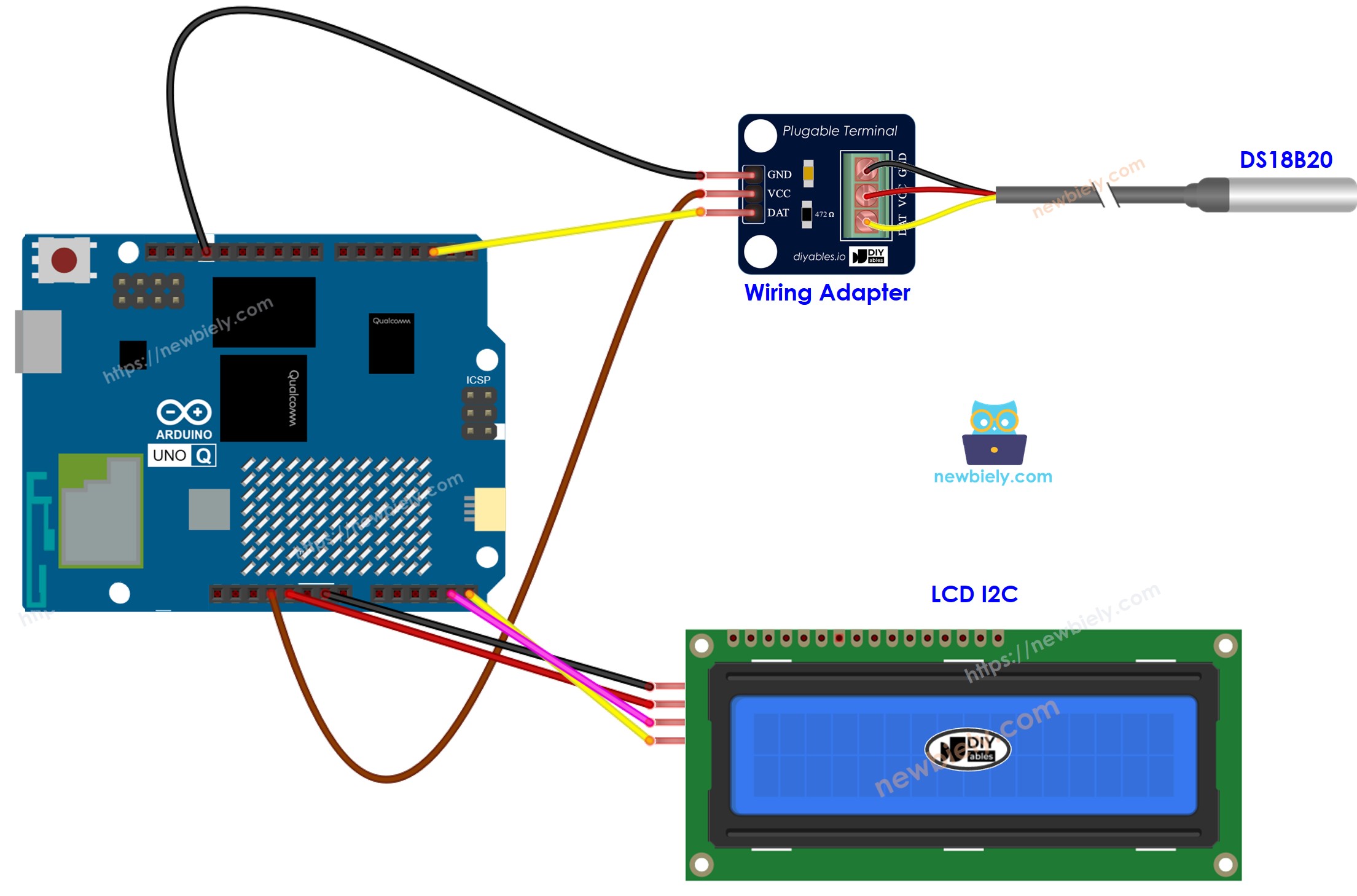 Arduino UNO Q 온도 센서 lcd 연결 배선도