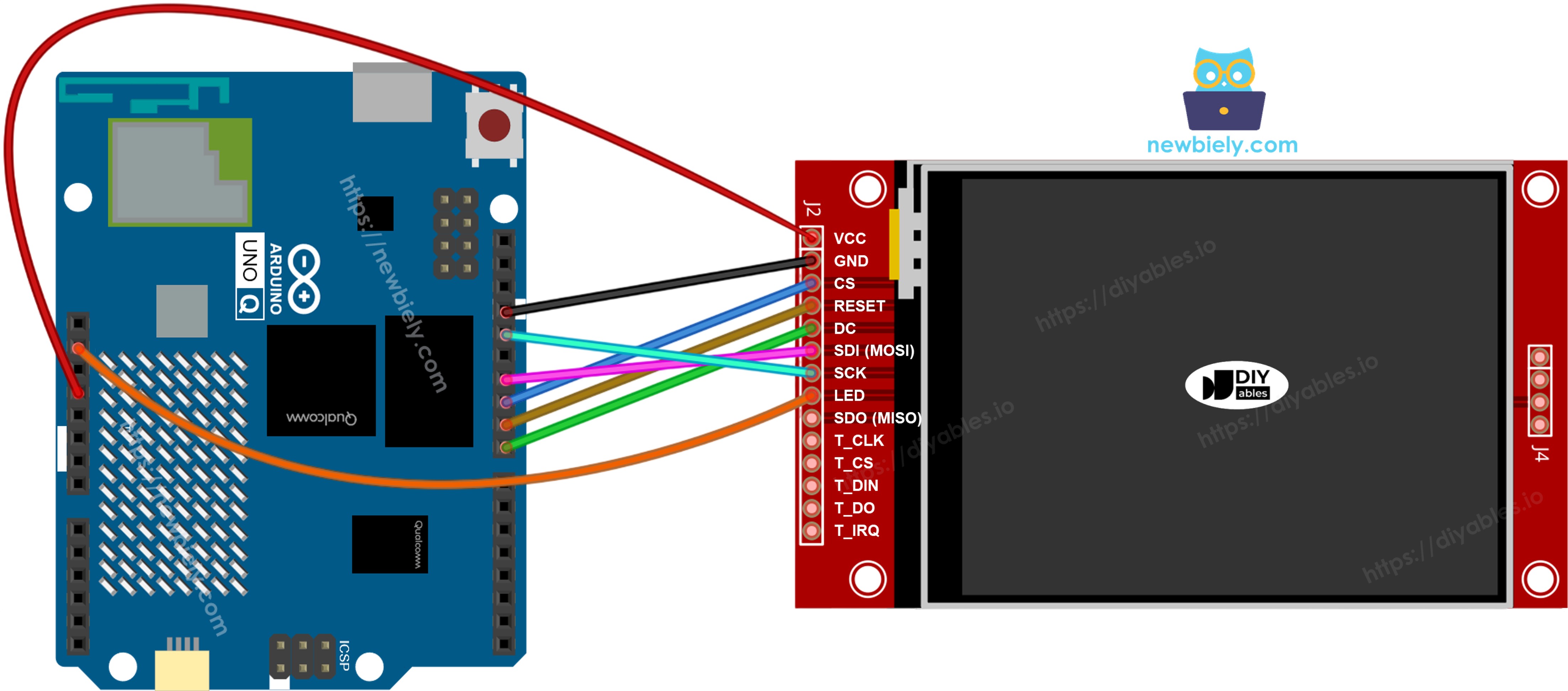 터치 없는 Arduino UNO Q tft spi 디스플레이 배선도