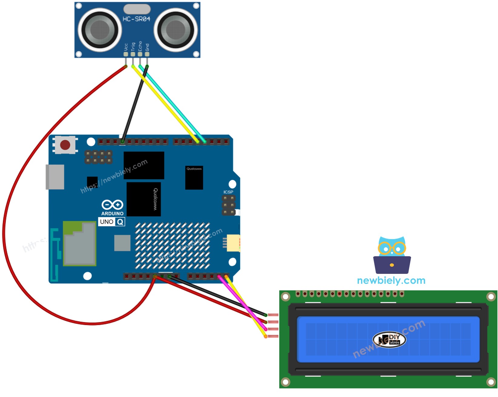 Arduino UNO Q 초음파 센서 lcd 연결 배선도