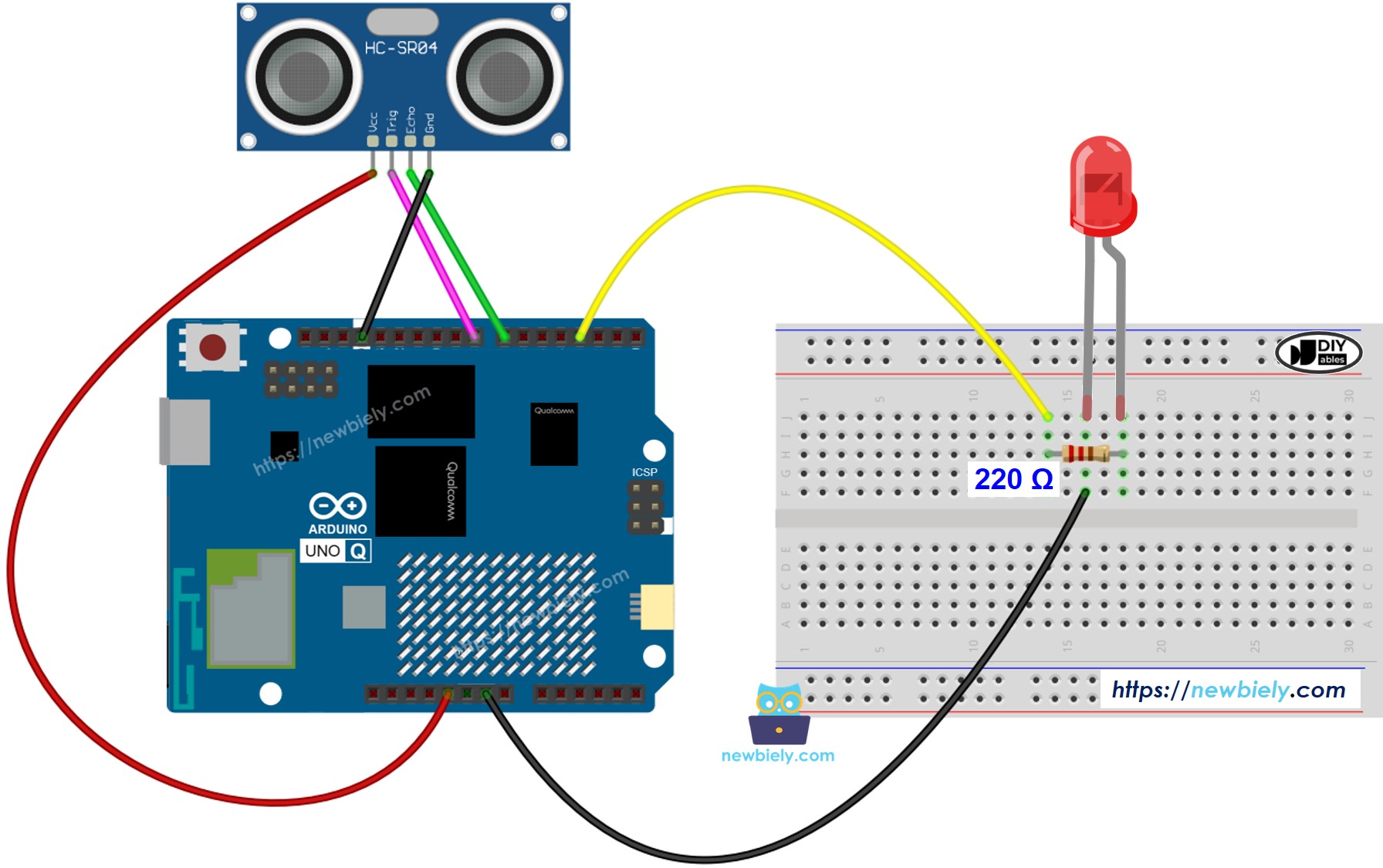 Arduino UNO Q 초음파 센서 LED 연결 배선도
