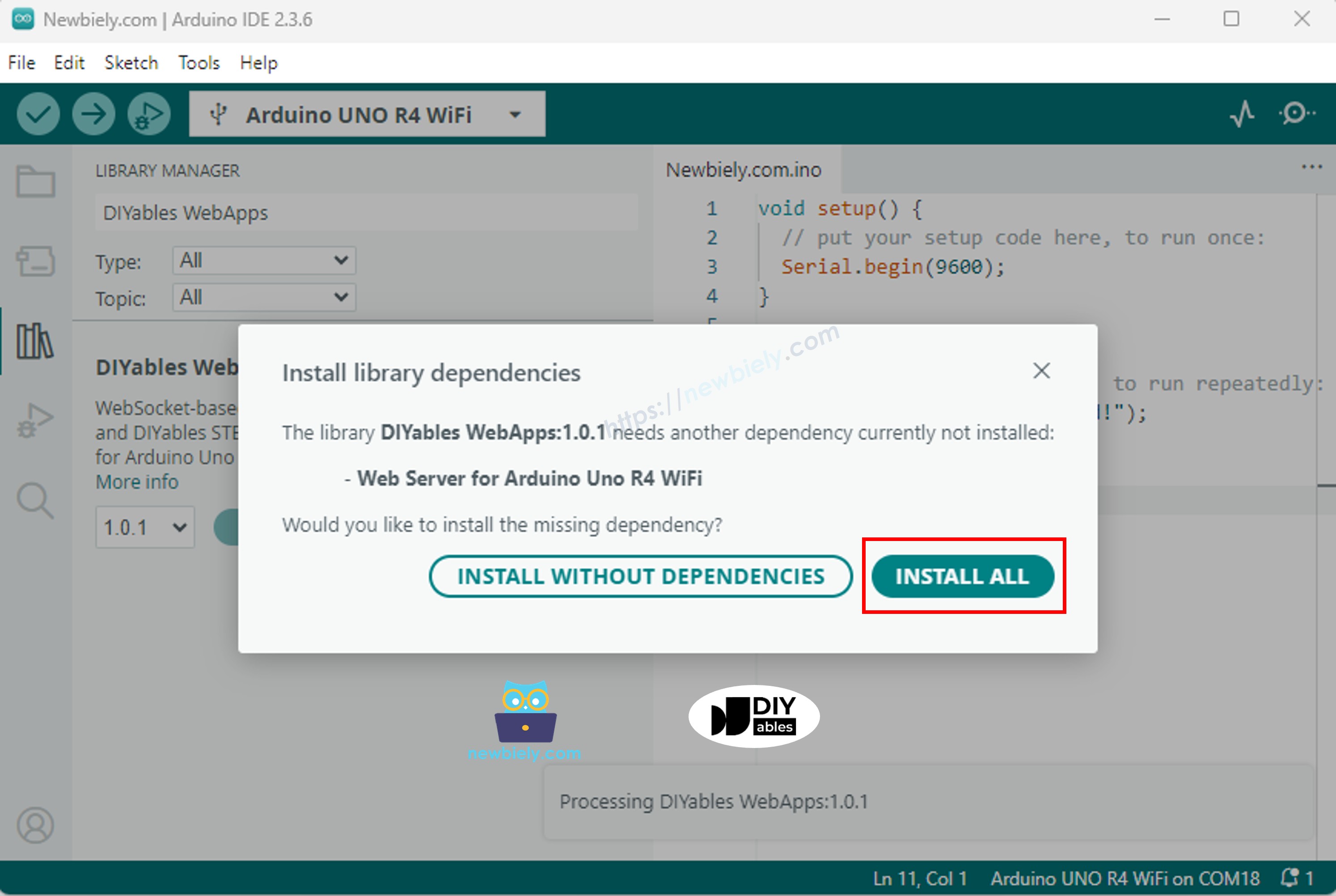 아두이노 우노 R4 diyables 웹앱 의존성