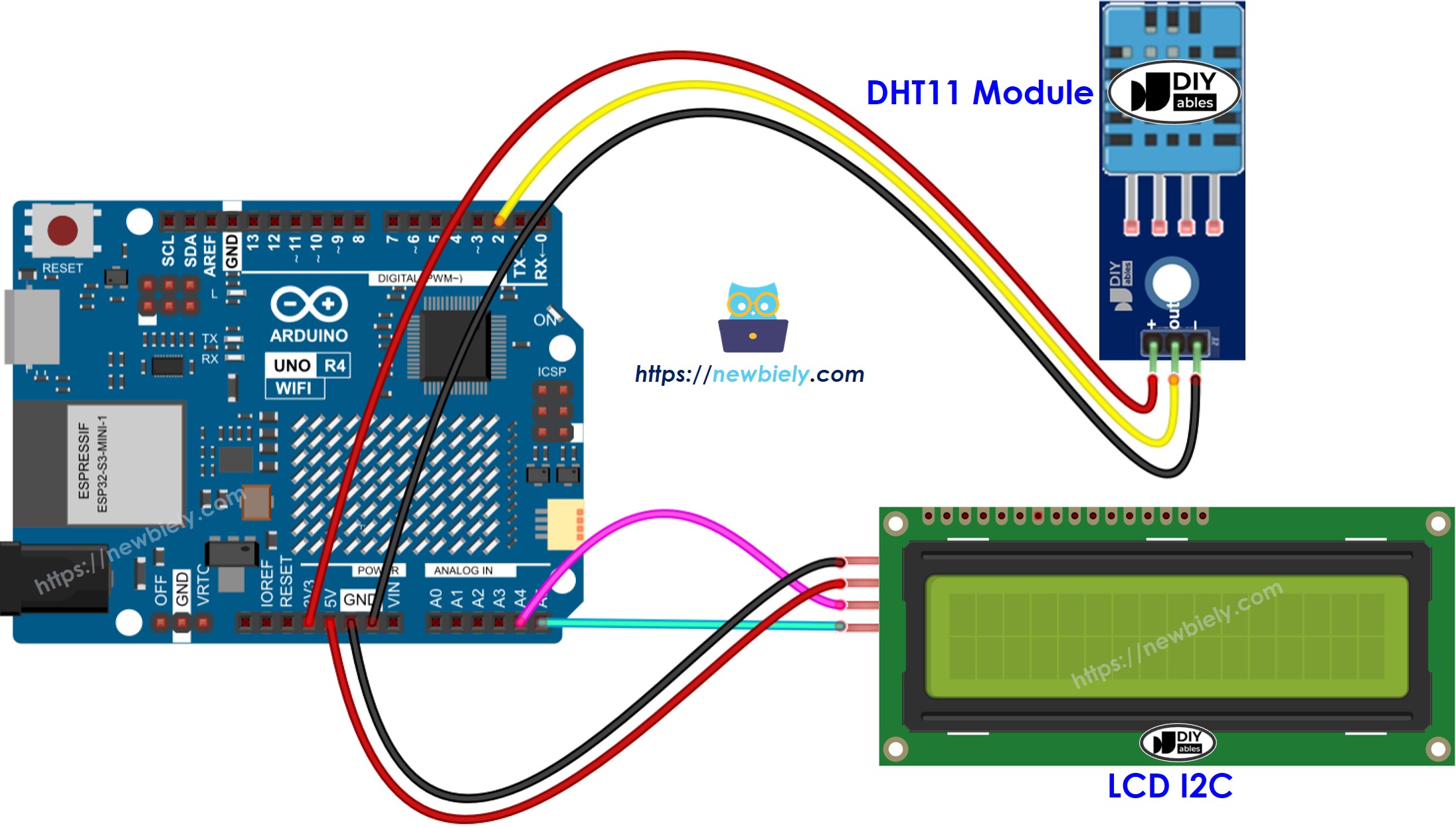 아두이노 UNO R4 DHT11 LCD 배선도