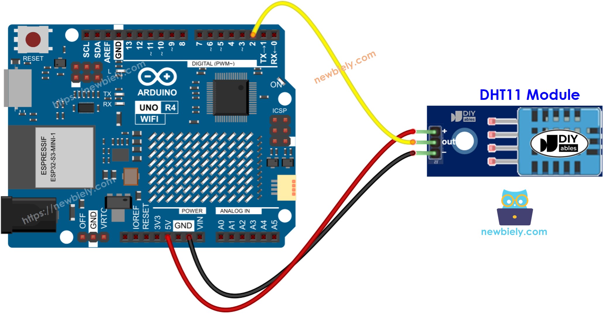 Arduino UNO R4 DHT11 온도 및 습도 모듈 배선도