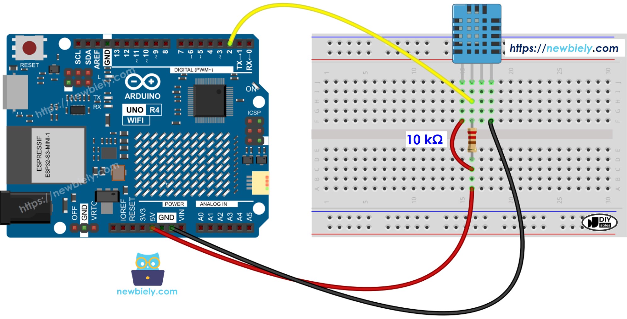 Arduino UNO R4 DHT11 온도 및 습도 센서 배선도