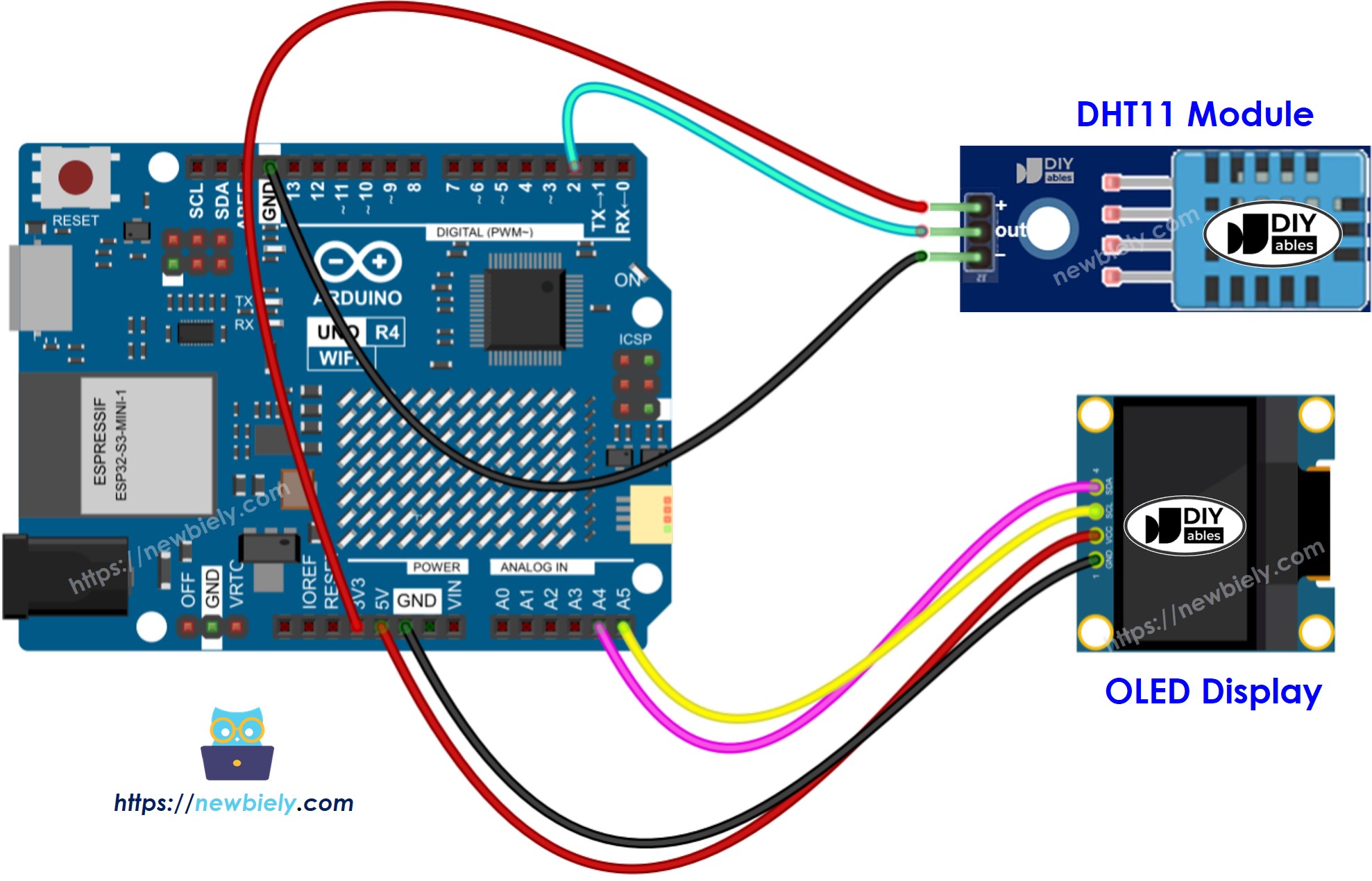 Arduino UNO R4 DHT11 온습도 센서 모듈 OLED 배선도