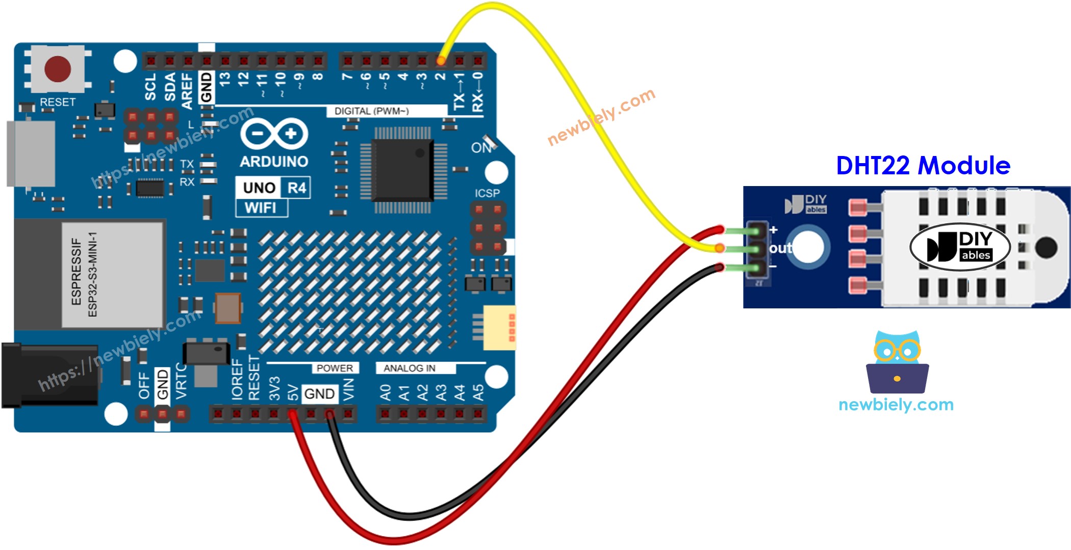 Arduino UNO R4 DHT22 온도 및 습도 모듈 배선도