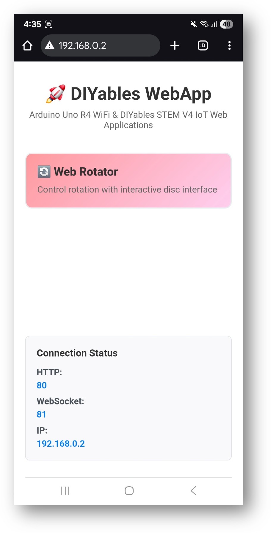 아두이노 우노 R4 diyables 웹앱 홈 페이지 및 web rotator 앱