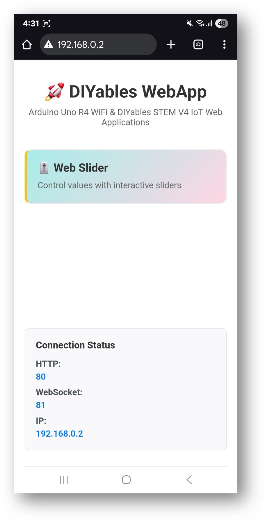 아두이노 우노 R4 diyables 웹앱 홈페이지 – web slider 앱 포함