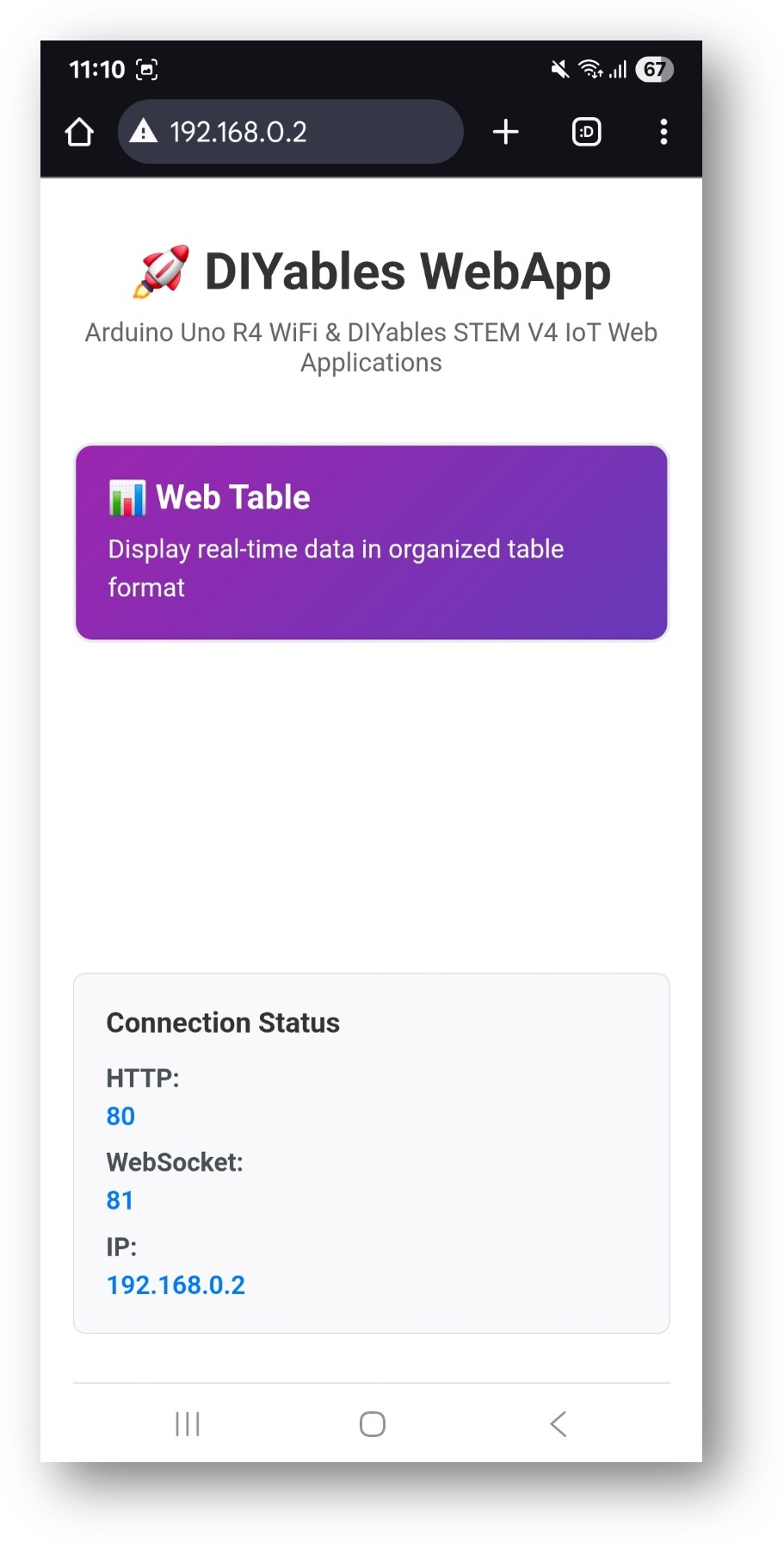 아두이노 우노 R4 diyables 웹앱 홈 페이지와 web table 앱